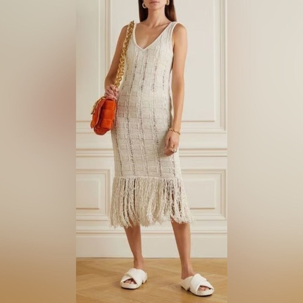 Chic Beige Knit Fringe Midi Dress